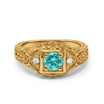 Antique Style Engagement Ring Yellow Tone, Simulated Paraiba Tourmaline CZ 925 Sterling Silver